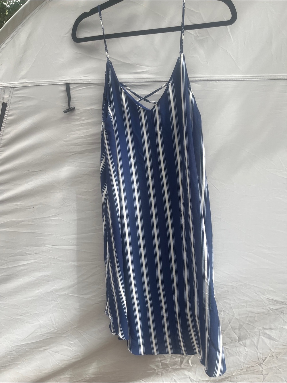 Lumiere Navy and White Striped Asymmetrical Slip Dress